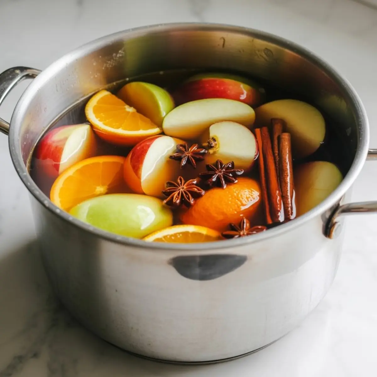 Stainless steel pot filled with water, halved apples, orange slices, cinnamon sticks, and star anise simmering together to make homemade apple cider.