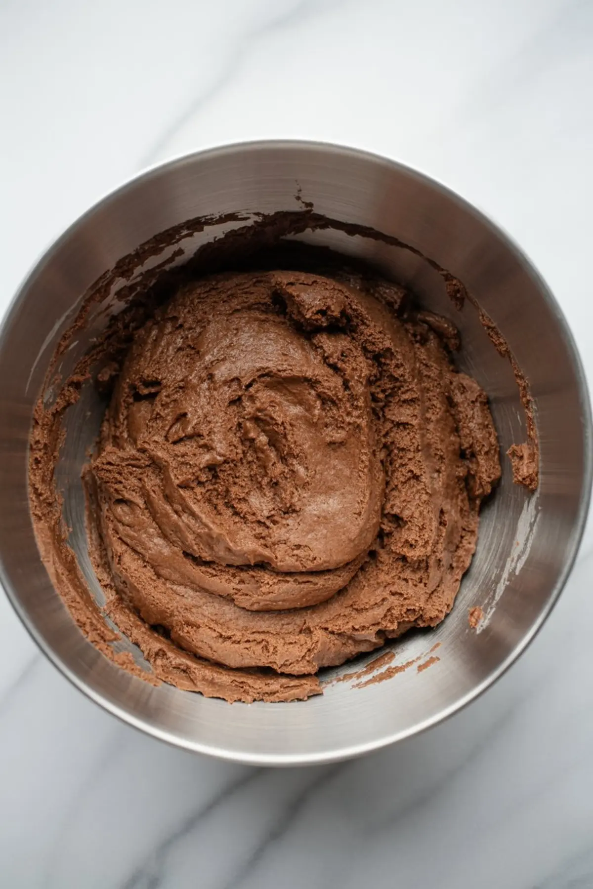 Creamy chocolate cookie dough mixed in a stainless steel bowl, showing a smooth and rich texture for baking.
