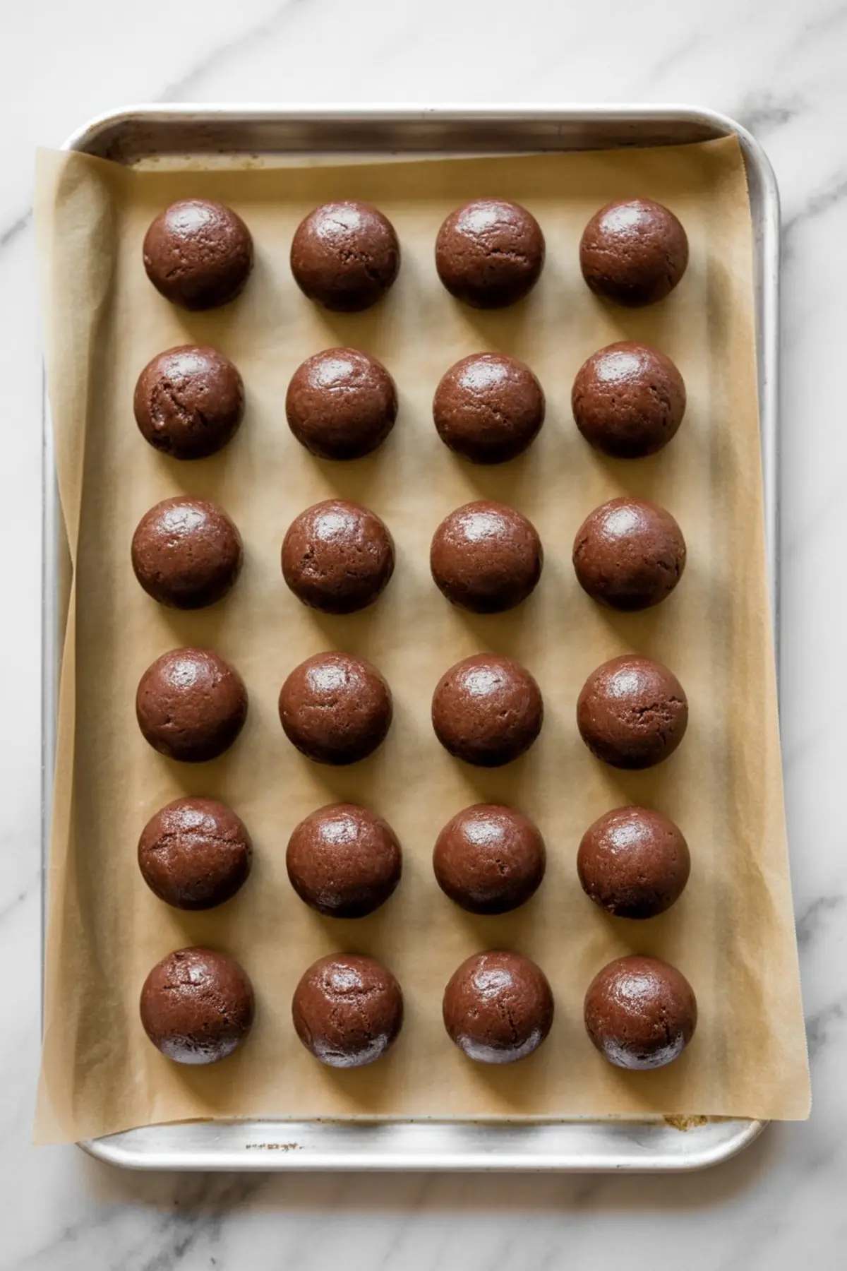 Raw chocolate cookie dough balls neatly arranged on a parchment-lined baking tray, ready to be baked.
