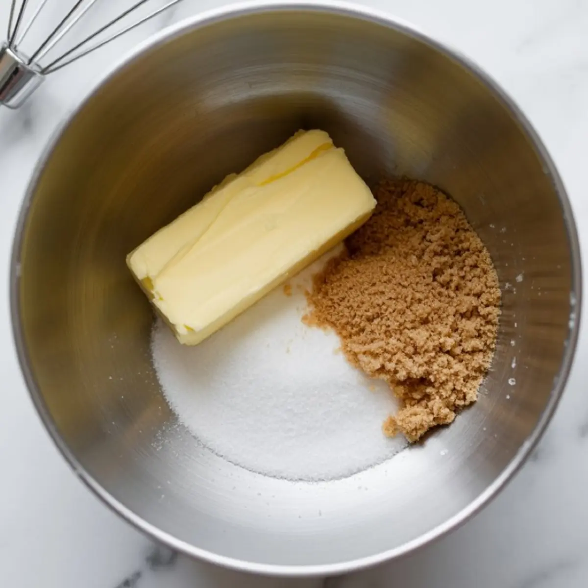 A stainless steel mixing bowl with unsalted butter, granulated sugar, and light brown sugar, ready for creaming to make cookie dough.
