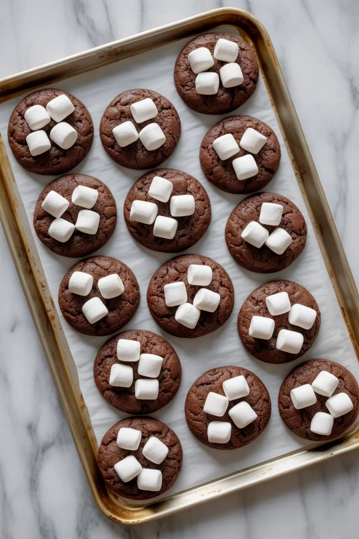 Freshly baked chocolate cookies on a parchment-lined baking sheet, each topped with four soft mini marshmallows.
