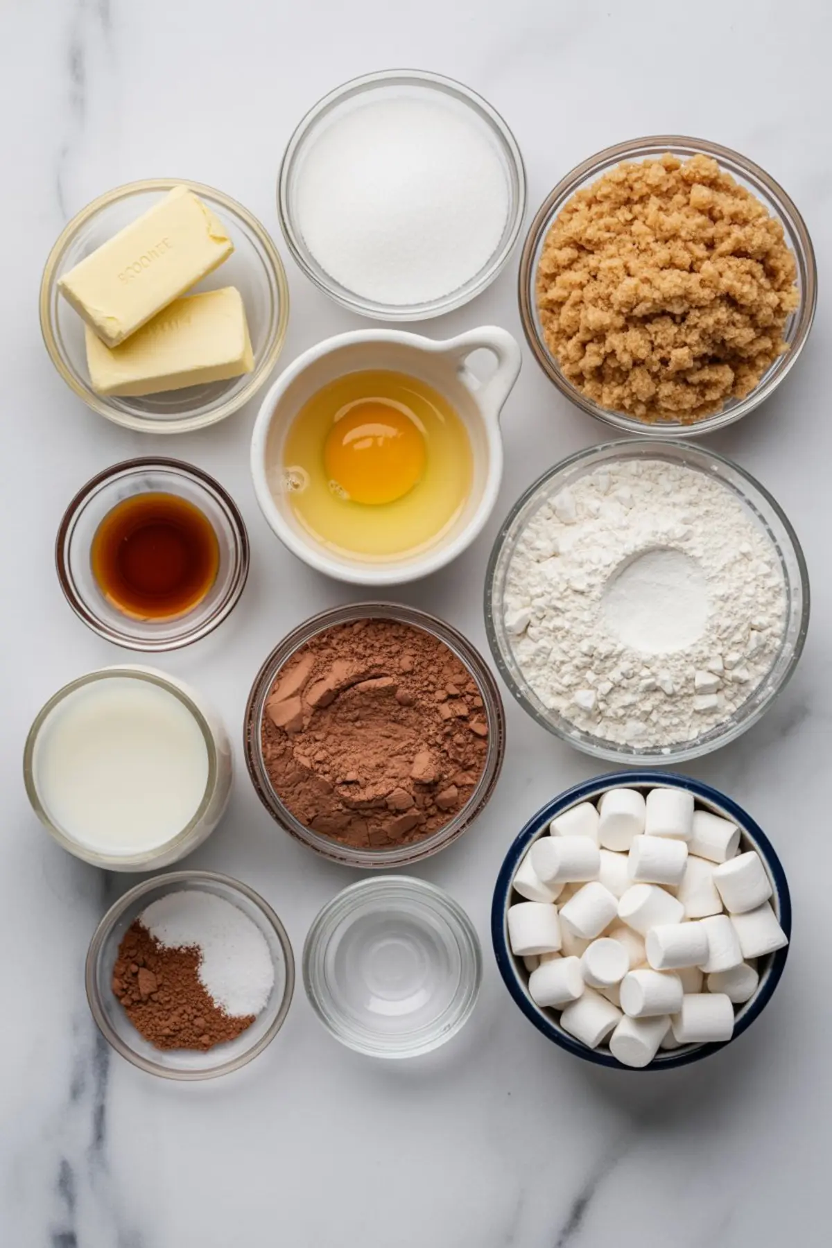 Flat lay of baking ingredients including butter, white sugar, brown sugar, egg, flour, cocoa powder, milk, vanilla extract, baking soda, salt, and mini marshmallows on a white marble surface.
