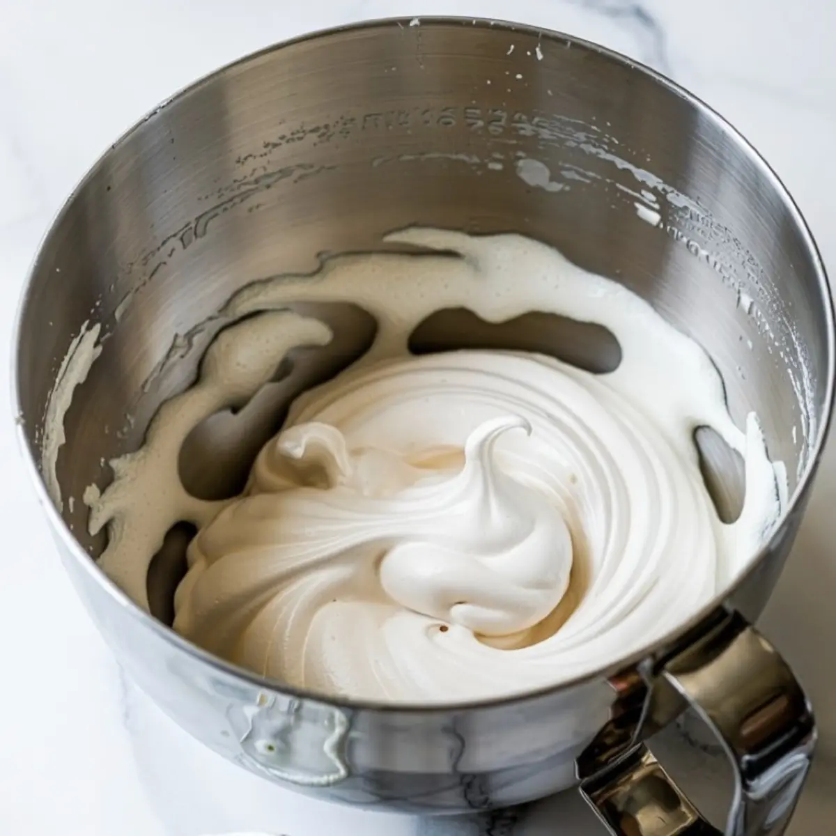 A stainless steel mixing bowl filled with stiff, glossy Italian meringue forming elegant peaks, set against a white marble background.