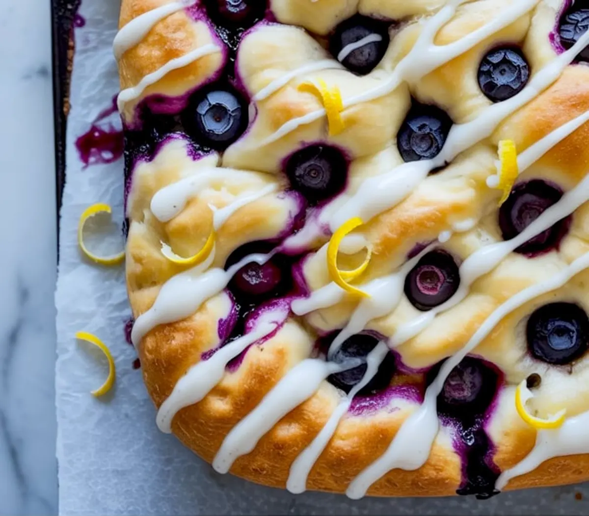 Top view of golden focaccia corner piece topped with whole blueberries, icing drizzle, and bright lemon curls over parchment on marble background.
