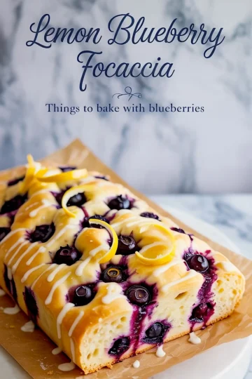 Three-quarter view of baked lemon blueberry focaccia loaf with glossy blueberries, white glaze, and curled lemon zest on parchment-lined marble surface.