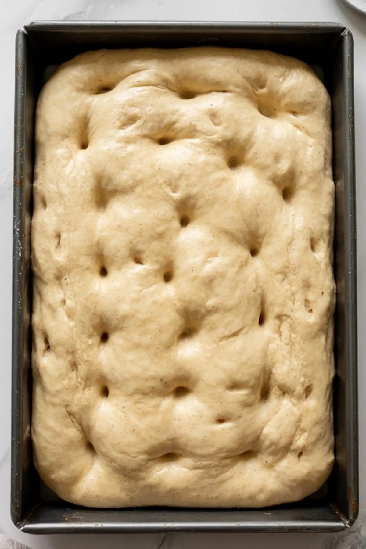 Top view of focaccia dough in a rectangular metal baking pan showing dimples pressed into the surface, ready for toppings before baking.
