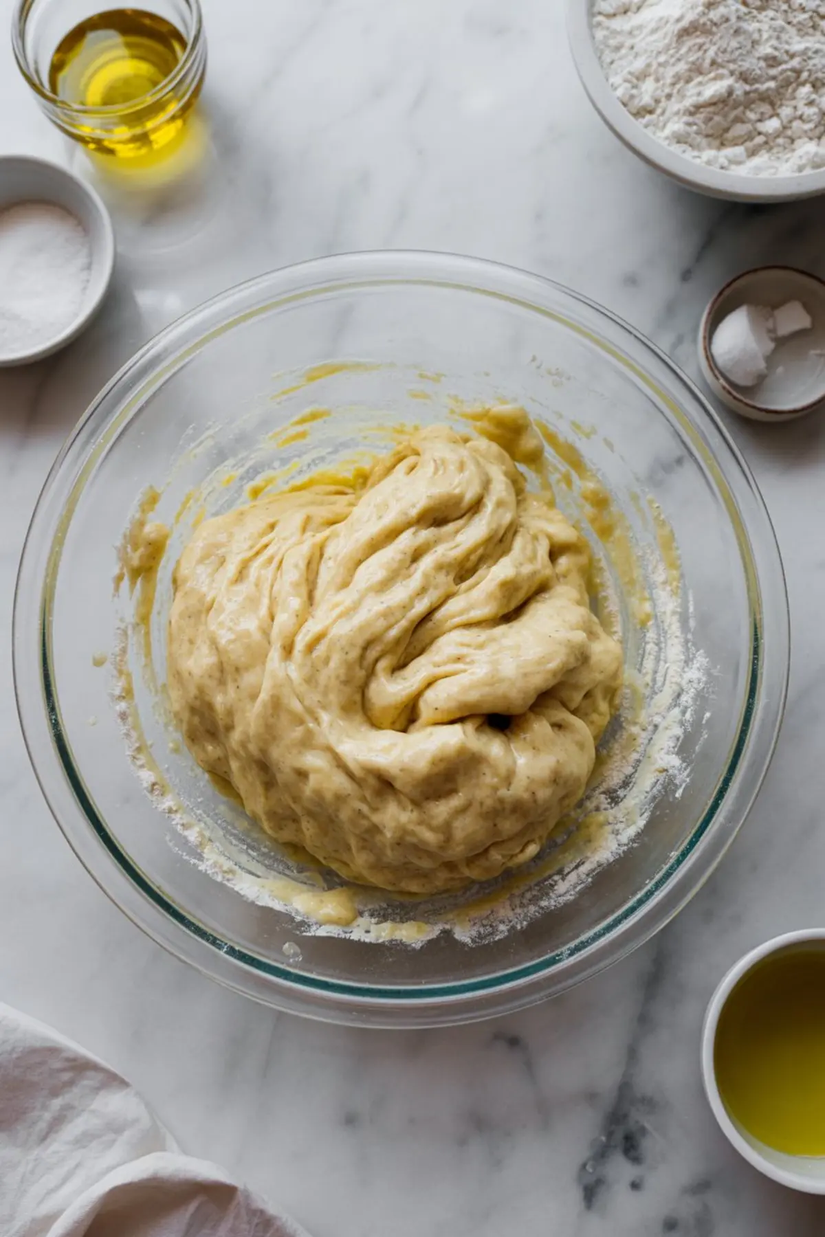 Thick focaccia dough in a clear glass bowl surrounded by small bowls of flour, oil, sugar, and salt on a marble countertop during prep stage.
