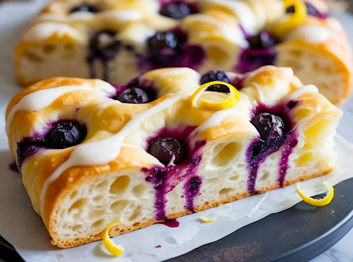 Golden baked lemon blueberry focaccia on a wire rack, topped with fresh blueberries, icing drizzle, and thin lemon peel curls over a marble surface.
