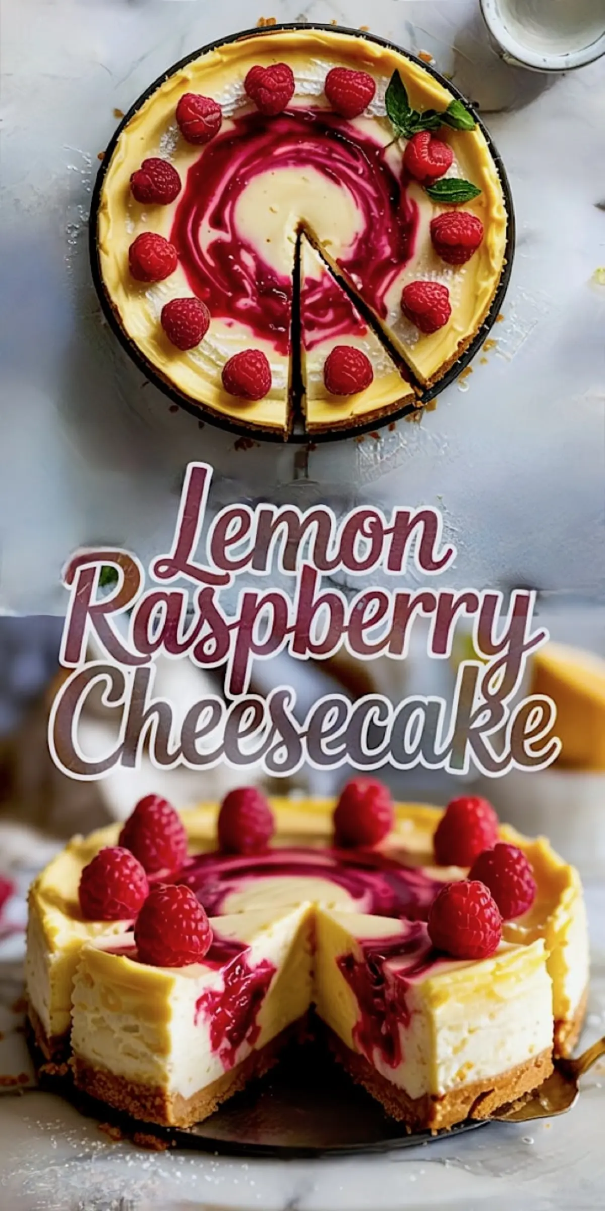 Top-down and side views of a lemon raspberry cheesecake with a cut slice, showcasing a golden crust, smooth lemon filling with raspberry swirls, and fresh raspberries on top, styled on a marble background with vintage plates.