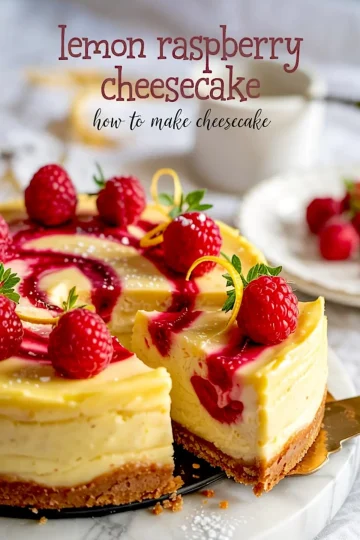 Side view of a sliced lemon raspberry cheesecake with a buttery crust, creamy lemon filling, and rich raspberry swirls, topped with whole raspberries and lemon zest curls on a marble surface.