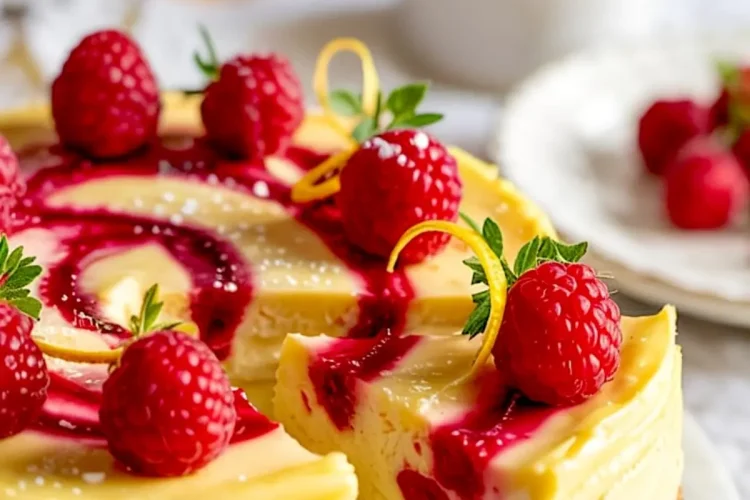 Side view of a sliced lemon raspberry cheesecake with a buttery crust, creamy lemon filling, and rich raspberry swirls, topped with whole raspberries and lemon zest curls on a marble surface.