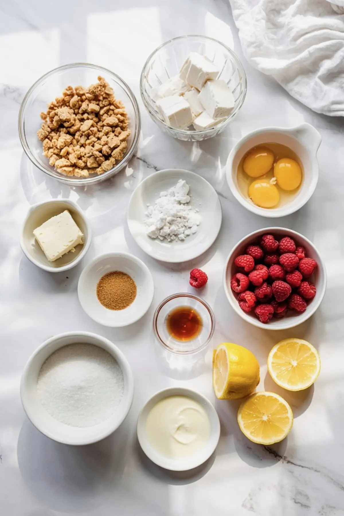 Flat lay of cheesecake ingredients including graham cracker crumbs, cream cheese cubes, eggs, butter, cornstarch, vanilla extract, sugar, sour cream, fresh raspberries, and halved lemons arranged on a marble counter.