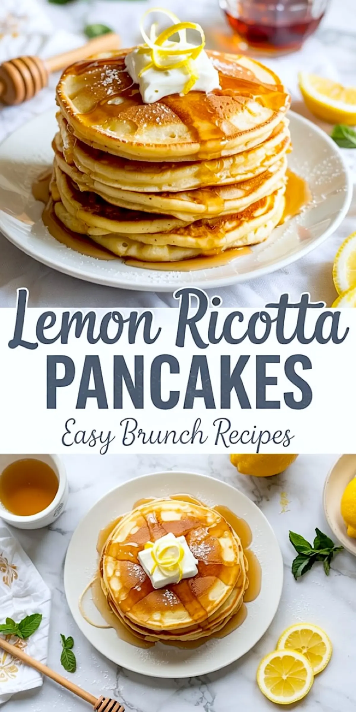 Stack of lemon ricotta pancakes topped with butter, lemon zest curls, and maple syrup, styled with fresh lemon slices and tea on a white marble table.
