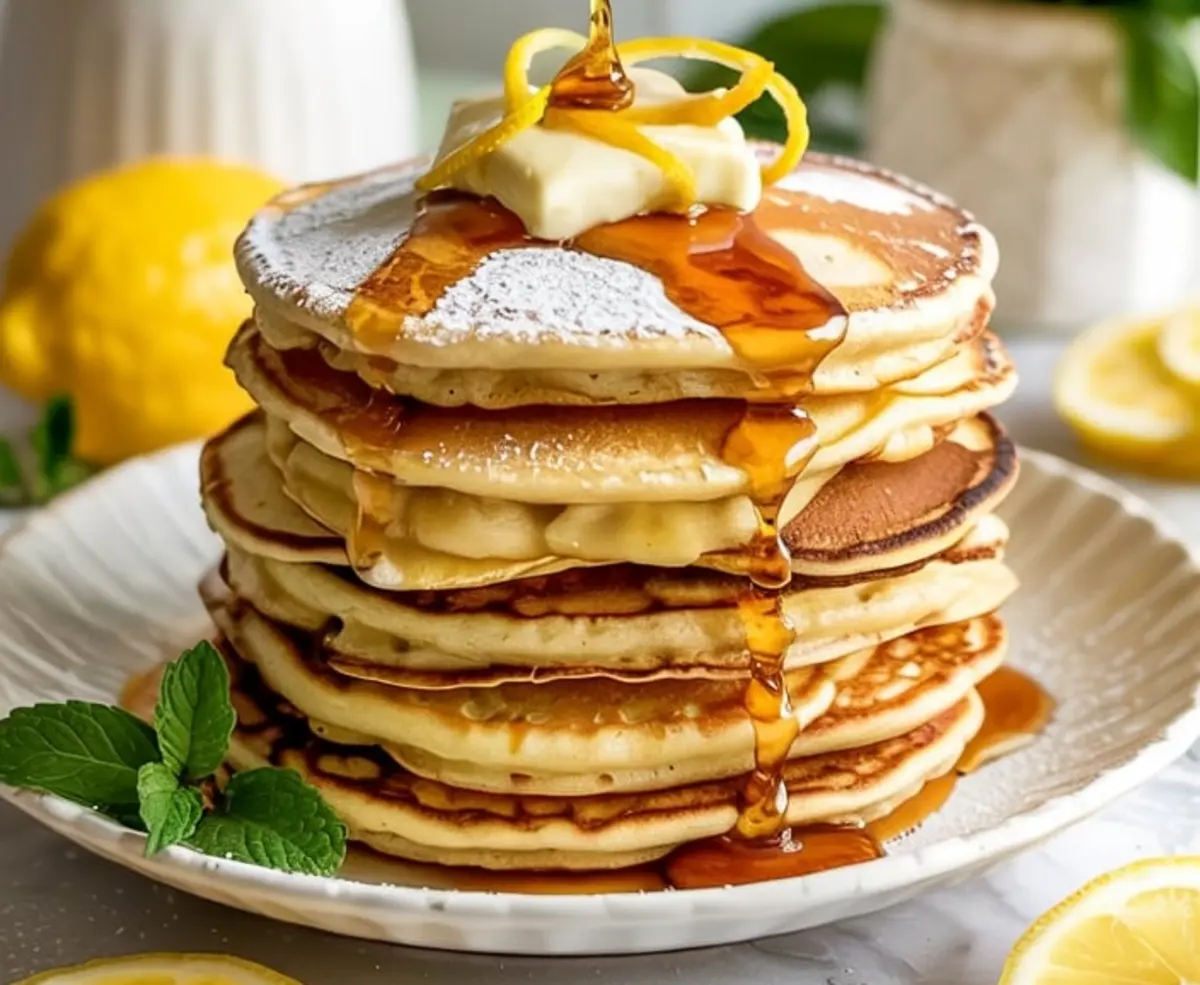 Close-up of lemon ricotta pancakes with golden edges, powdered sugar, melting butter, and syrup drizzle, surrounded by fresh mint and lemon slices.
