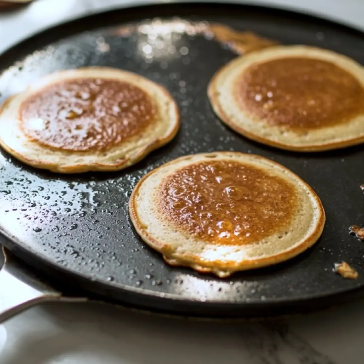 Three golden brown lemon ricotta pancakes cooking on a non-stick griddle with visible bubbles and crispy edges.
