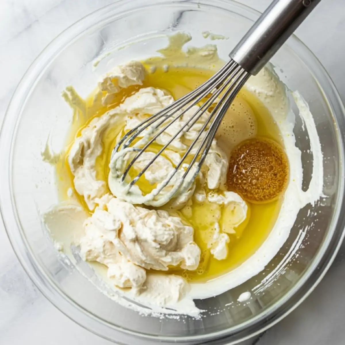 Glass mixing bowl with ricotta cheese, egg, honey, and lemon zest being whisked together for lemon ricotta pancake batter.
