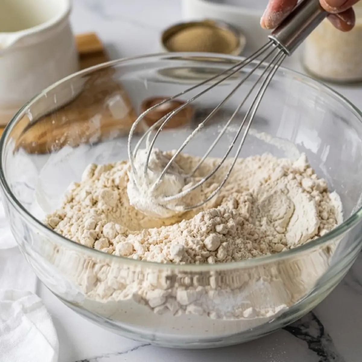 Dry ingredients being whisked in a glass bowl for pancake batter preparation, with flour and baking powder visibly textured.
