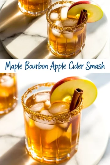 Pinterest collage of maple bourbon apple cider smash cocktail garnished with apple slice and cinnamon stick, served in a sugar-rimmed glass with blue handwritten-style text overlay.