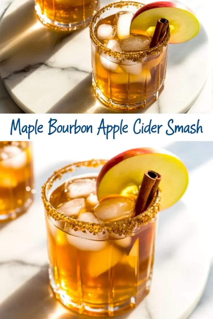 Pinterest collage of maple bourbon apple cider smash cocktail garnished with apple slice and cinnamon stick, served in a sugar-rimmed glass with blue handwritten-style text overlay.