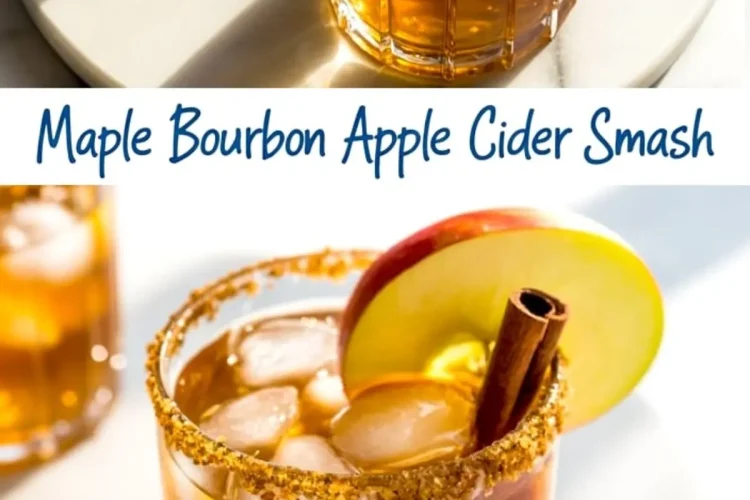Pinterest collage of maple bourbon apple cider smash cocktail garnished with apple slice and cinnamon stick, served in a sugar-rimmed glass with blue handwritten-style text overlay.