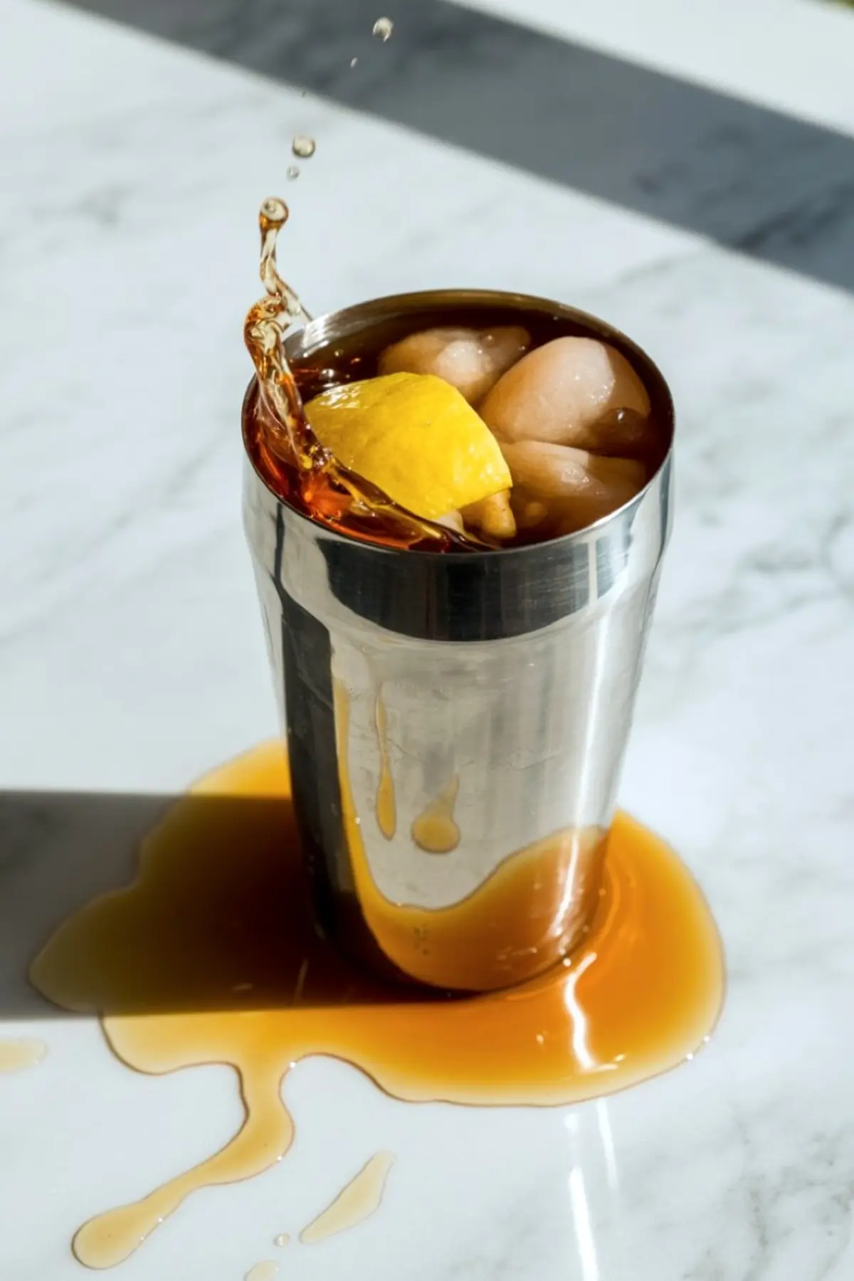 Stainless steel cocktail shaker overflowing with ice, lemon wedge, and dark brown liquid spilling onto a marble countertop in a splash motion.
