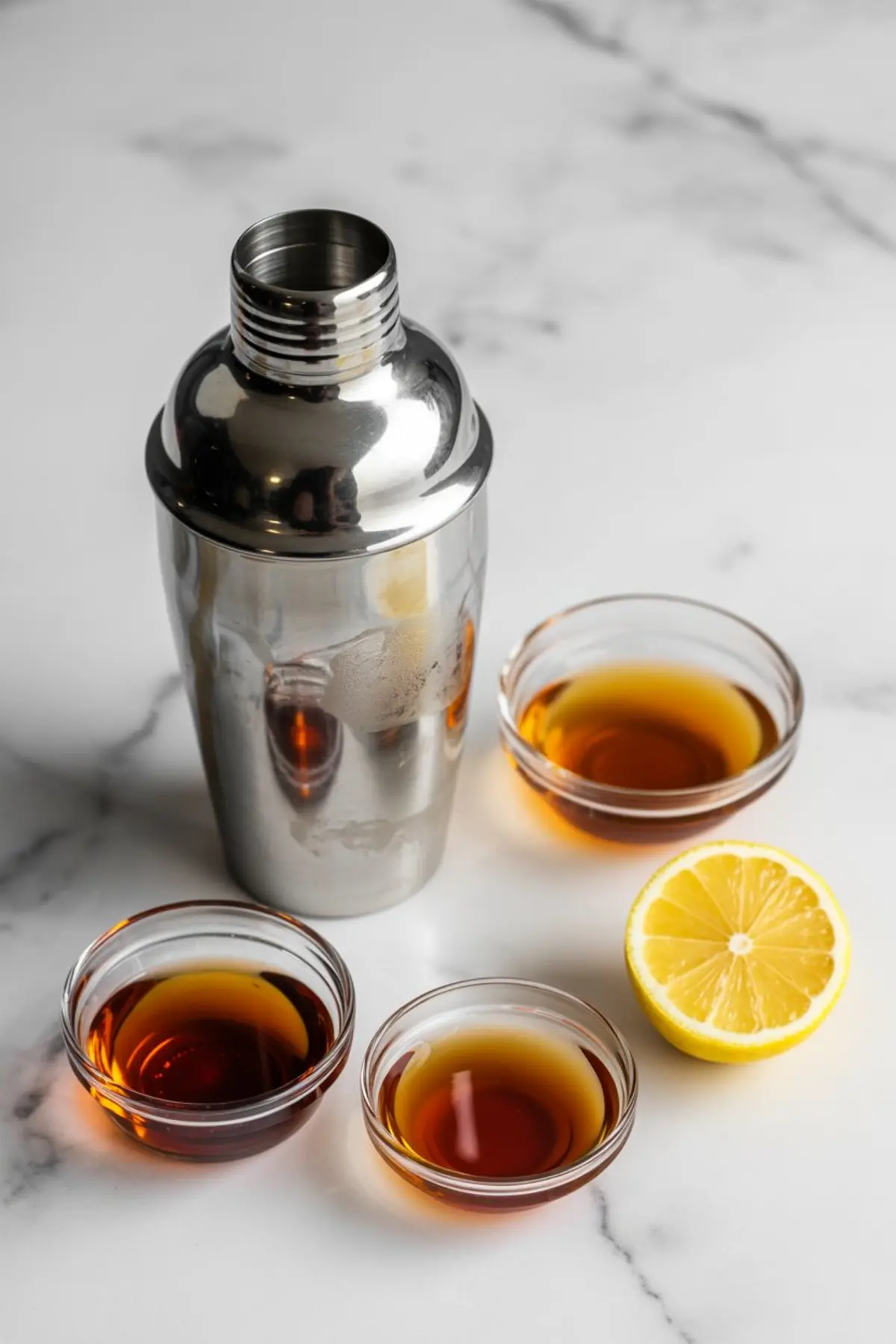 Cocktail shaker next to three small glass bowls of bourbon and maple syrup with a halved lemon on a white marble background.
