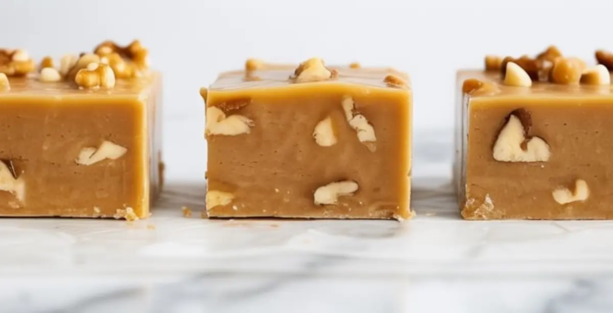 Close-up of thick maple fudge squares with walnut pieces embedded inside, cut into neat blocks for serving.