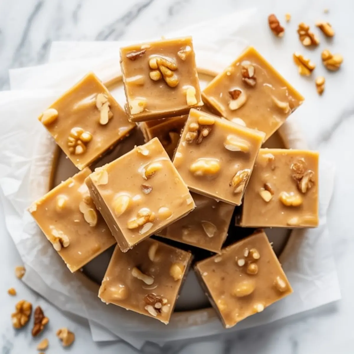 Plate of maple walnut fudge cubes with a glossy finish, garnished with chopped and whole walnuts on a marble surface.