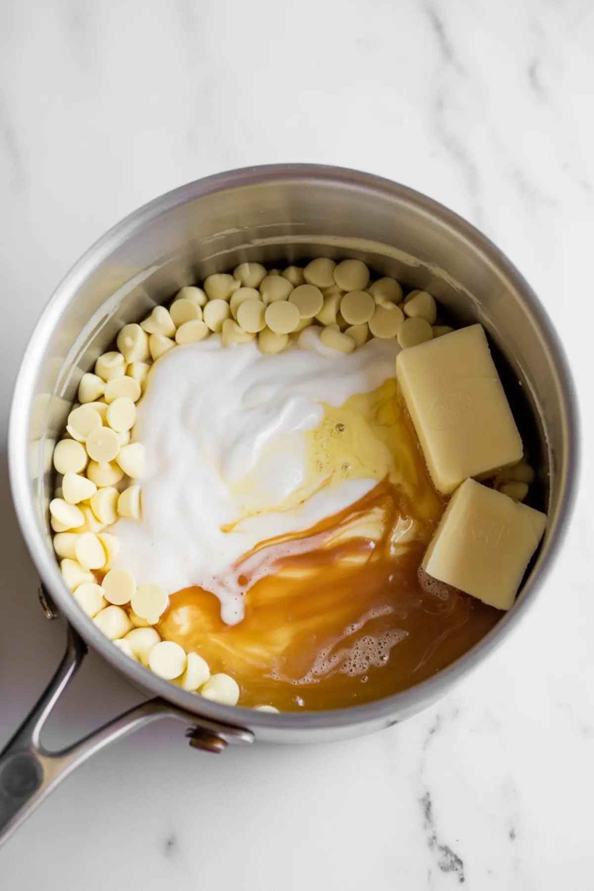 Saucepan filled with white chocolate chips, butter, cream, and maple syrup, ingredients melting together for fudge.