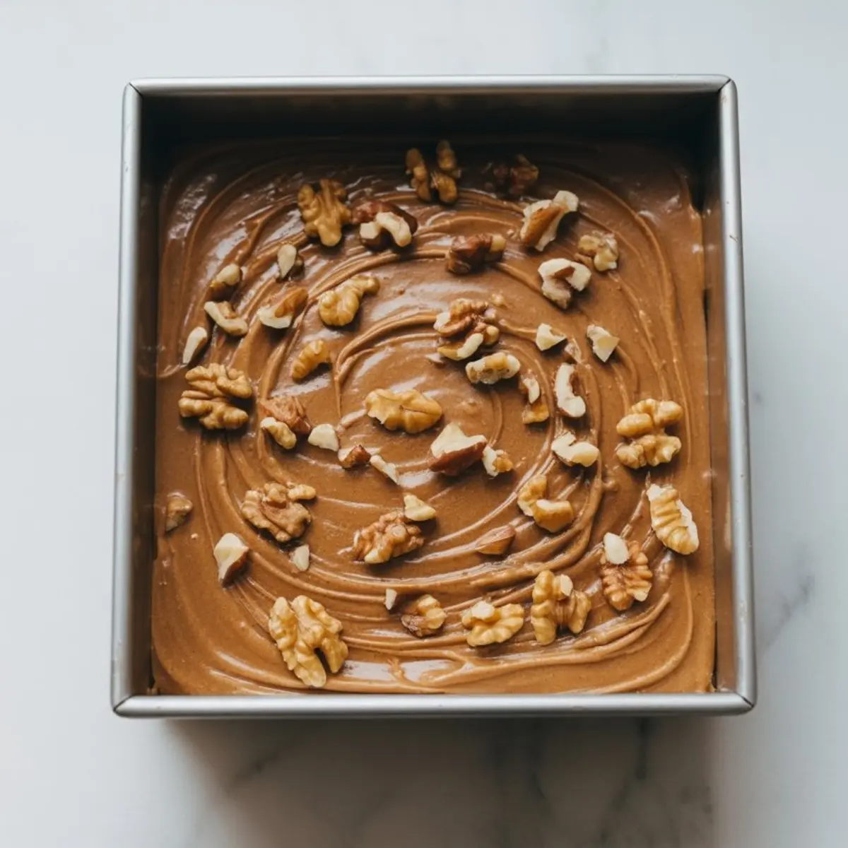 Square baking pan filled with freshly made maple fudge, swirled on top and decorated with walnut halves.