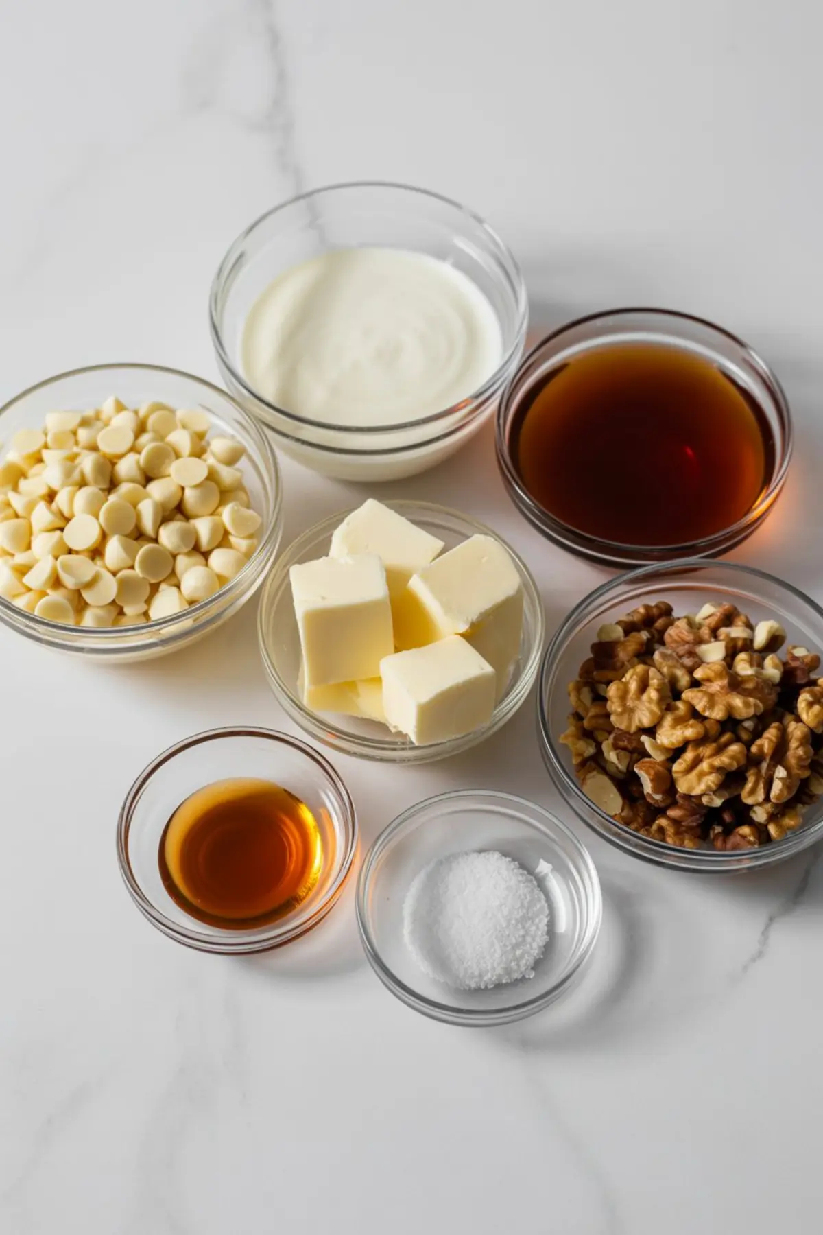 Glass bowls holding ingredients for maple fudge, including white chocolate chips, cream, butter, walnuts, maple syrup, vanilla, and sugar.