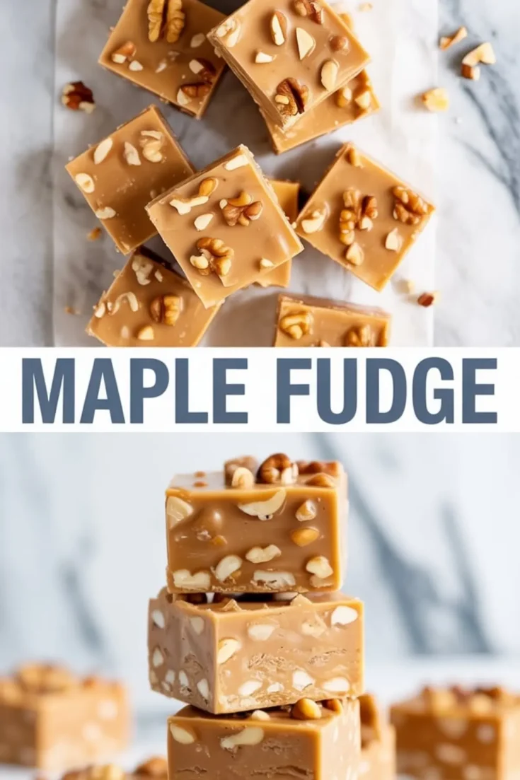 Homemade maple fudge squares topped with crunchy walnuts, arranged on parchment paper with a soft caramel-like texture.