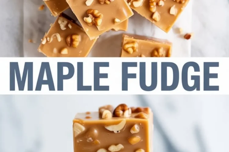 Homemade maple fudge squares topped with crunchy walnuts, arranged on parchment paper with a soft caramel-like texture.