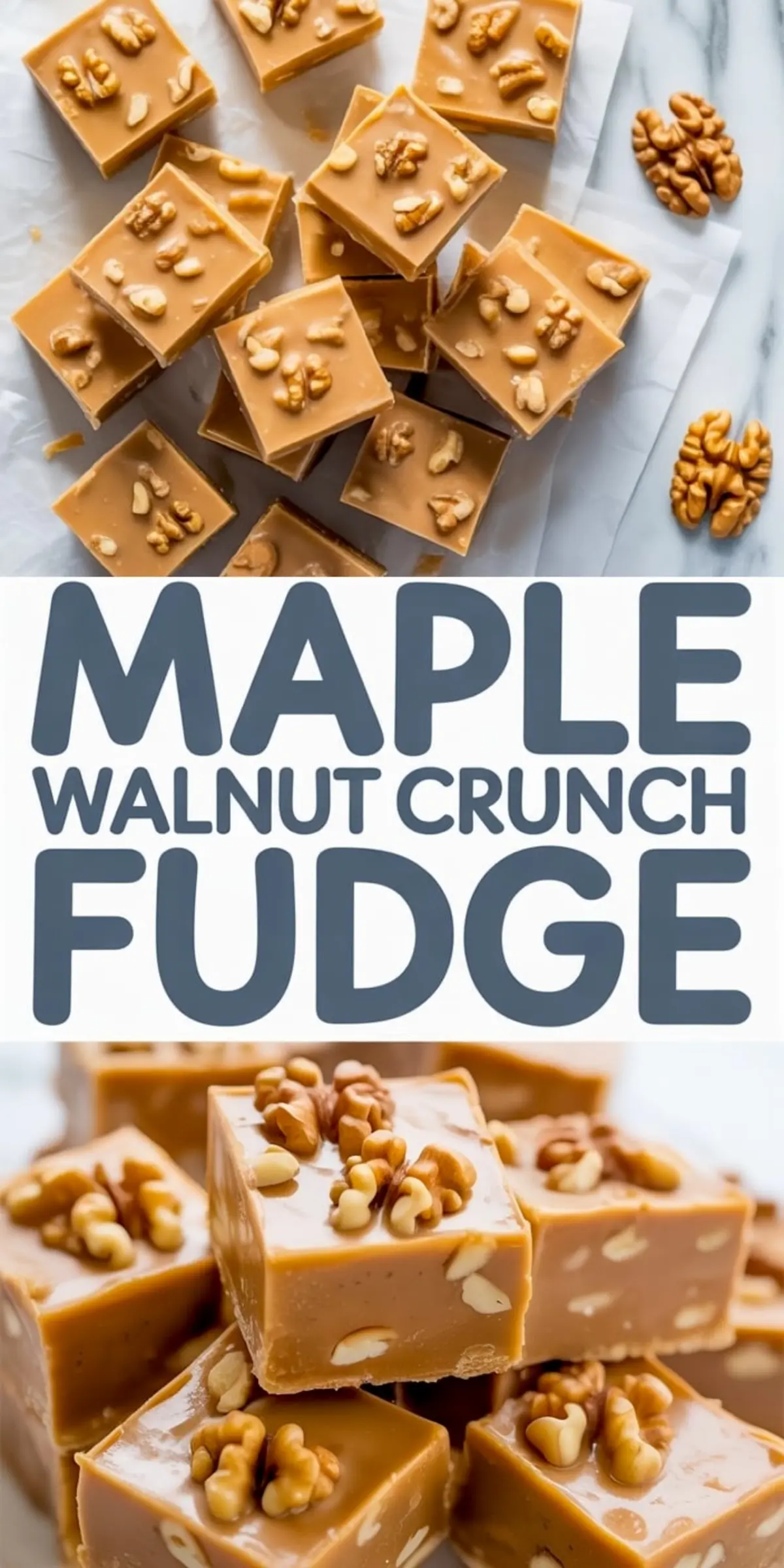 Maple walnut crunch fudge squares with visible nut pieces, arranged in layers for a rich and chewy dessert.