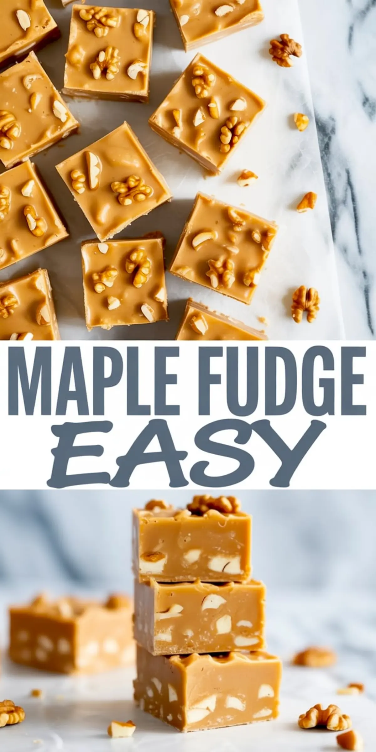 Easy maple fudge squares stacked in a tall pile, showcasing a creamy texture and nutty walnut filling.
