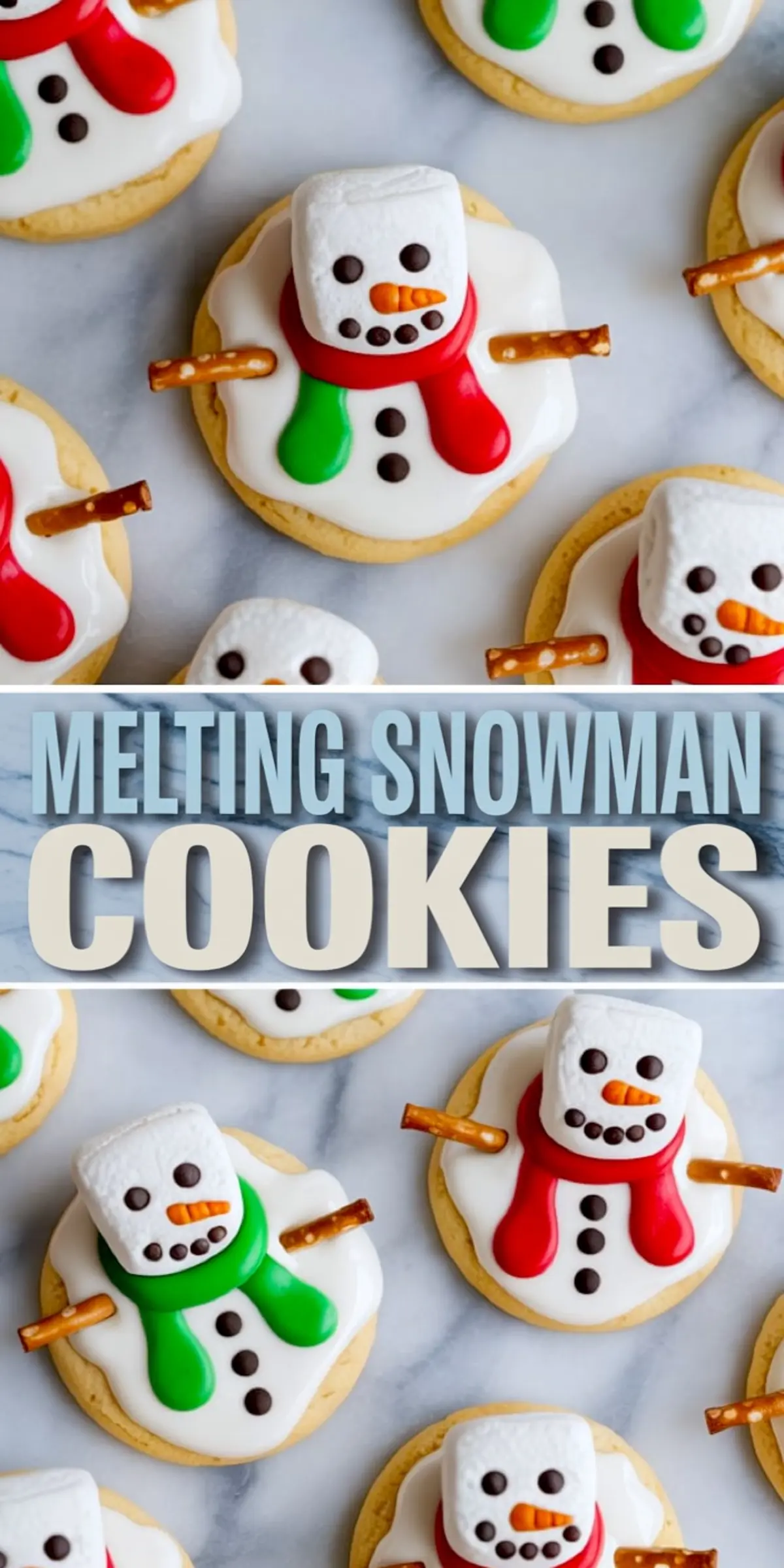 Tall Pinterest pin showcases decorated melting snowman cookies with marshmallow heads, chocolate chip faces, pretzel arms and colorful icing scarves, overlaid by bold text reading “Melting Snowman Cookies.”