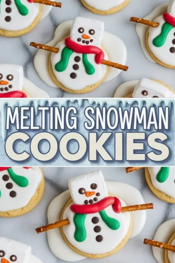 Bright vertical collage presents multiple melting snowman Christmas cookies topped with marshmallow snowmen, green icing scarves and chocolate buttons, separated by an icy blue banner announcing “Melting Snowman Cookies.”