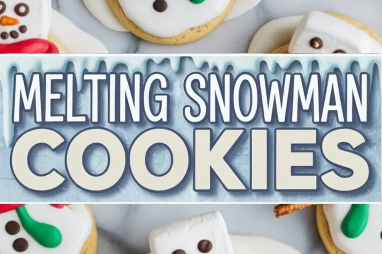 Bright vertical collage presents multiple melting snowman Christmas cookies topped with marshmallow snowmen, green icing scarves and chocolate buttons, separated by an icy blue banner announcing “Melting Snowman Cookies.”