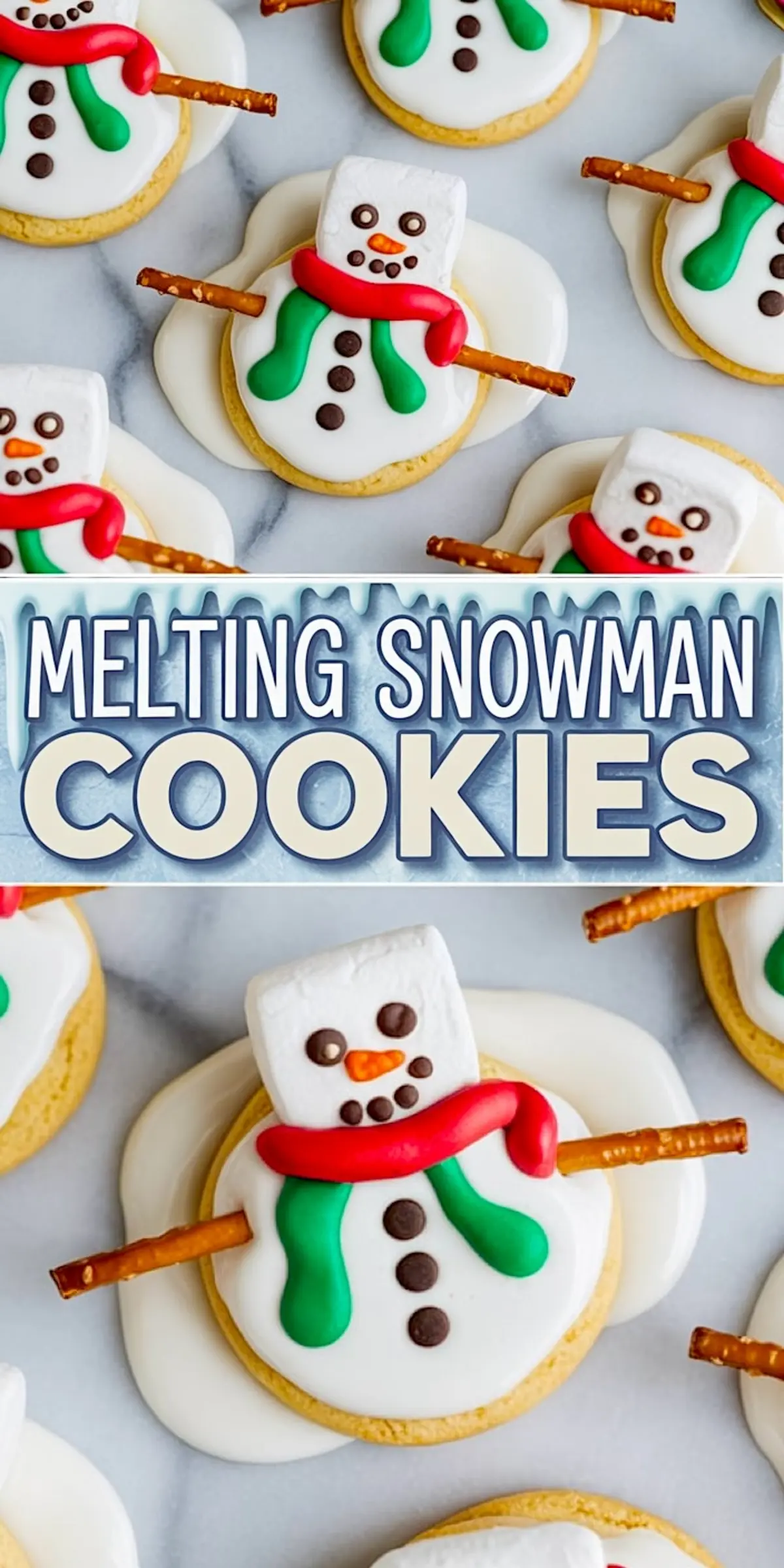 Pinterest graphic features playful melting snowman cookies wearing red and green icing scarves with pretzel arms, accented by a frosty headline “Melting Snowman Cookies.”