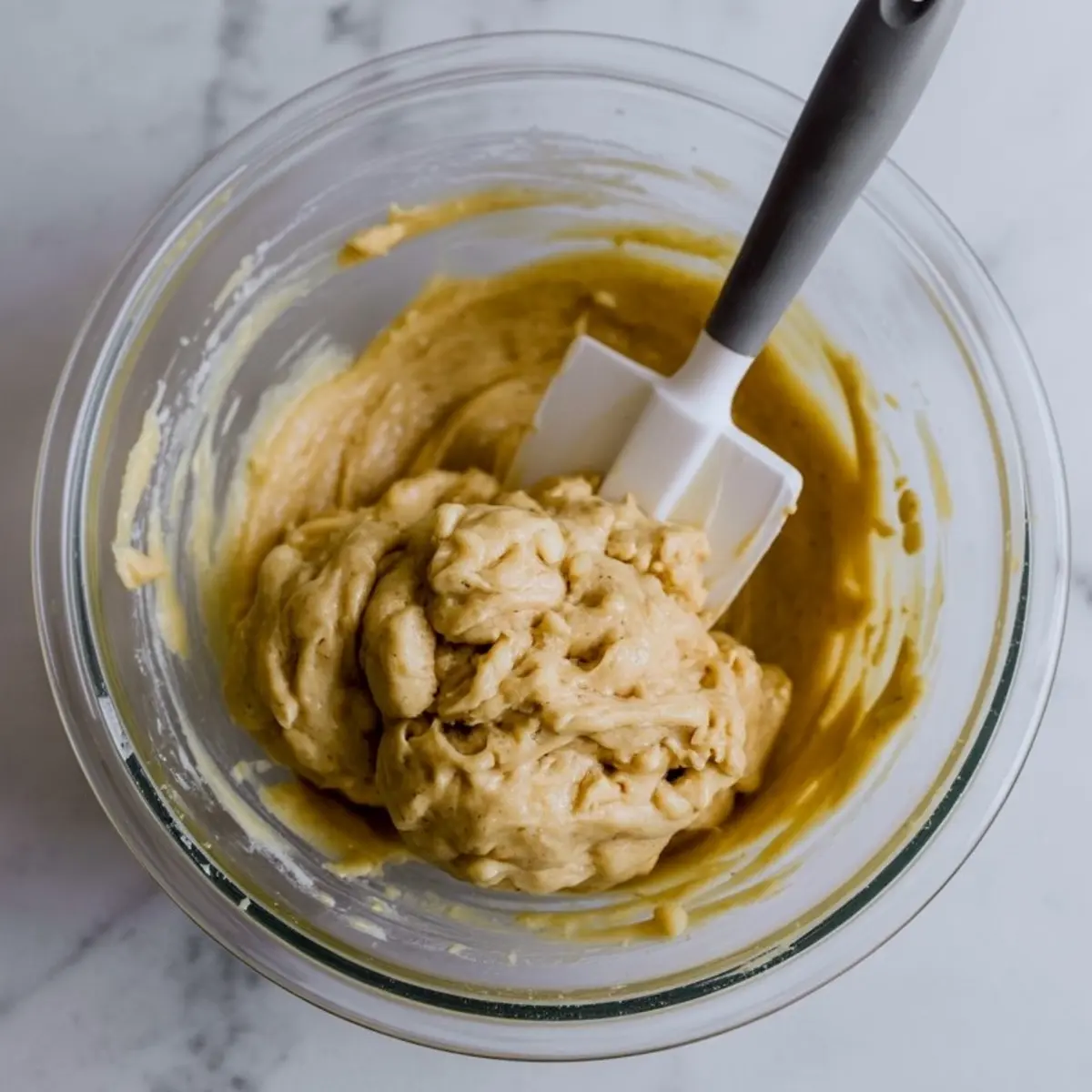 Glass bowl holds thick golden sugar cookie dough being folded with a white spatula during the mixing phase of the melting snowman cookie recipe.
