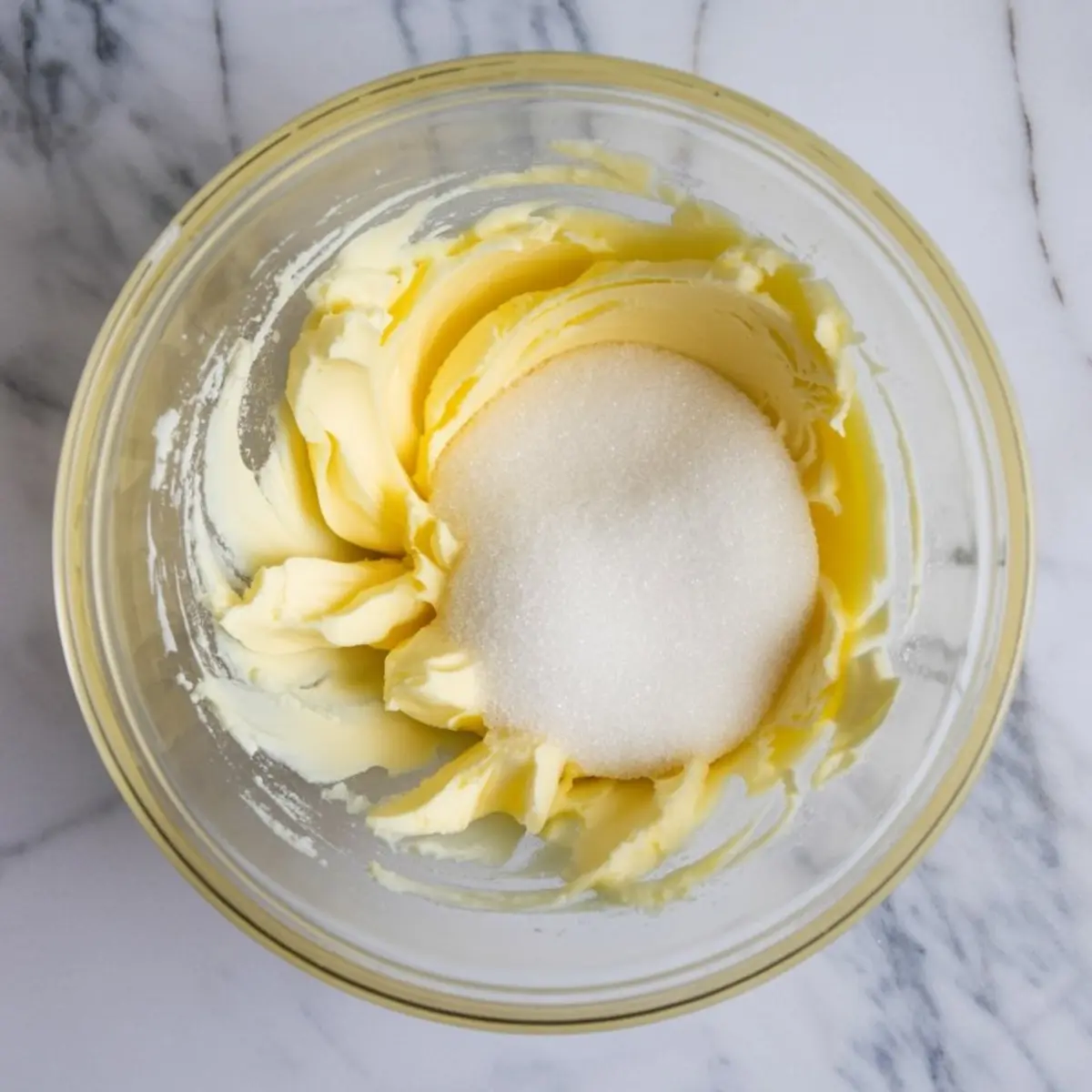 Glass mixing bowl contains creamed butter and sugar forming a fluffy base for holiday sugar cookie dough.