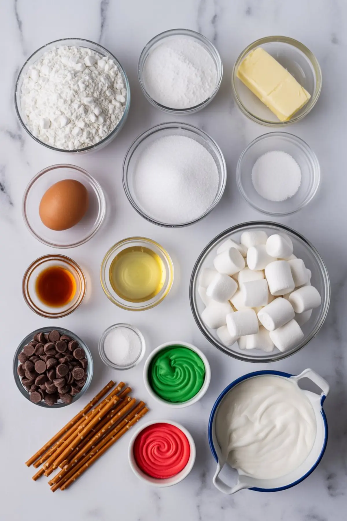 Flat lay on white marble displays measured ingredients for melting snowman Christmas cookies: flour, granulated sugar, powdered sugar, butter, egg, vanilla, vegetable oil, salt, marshmallows, chocolate chips, pretzel sticks, red and green frosting.