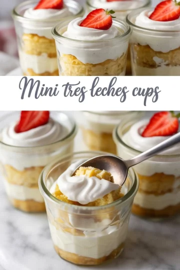 Glass jars filled with mini tres leches cake layered with whipped cream and sponge cake, topped with fresh strawberry halves, displayed on a marble surface in a collage showing a spoonful of the dessert being served.