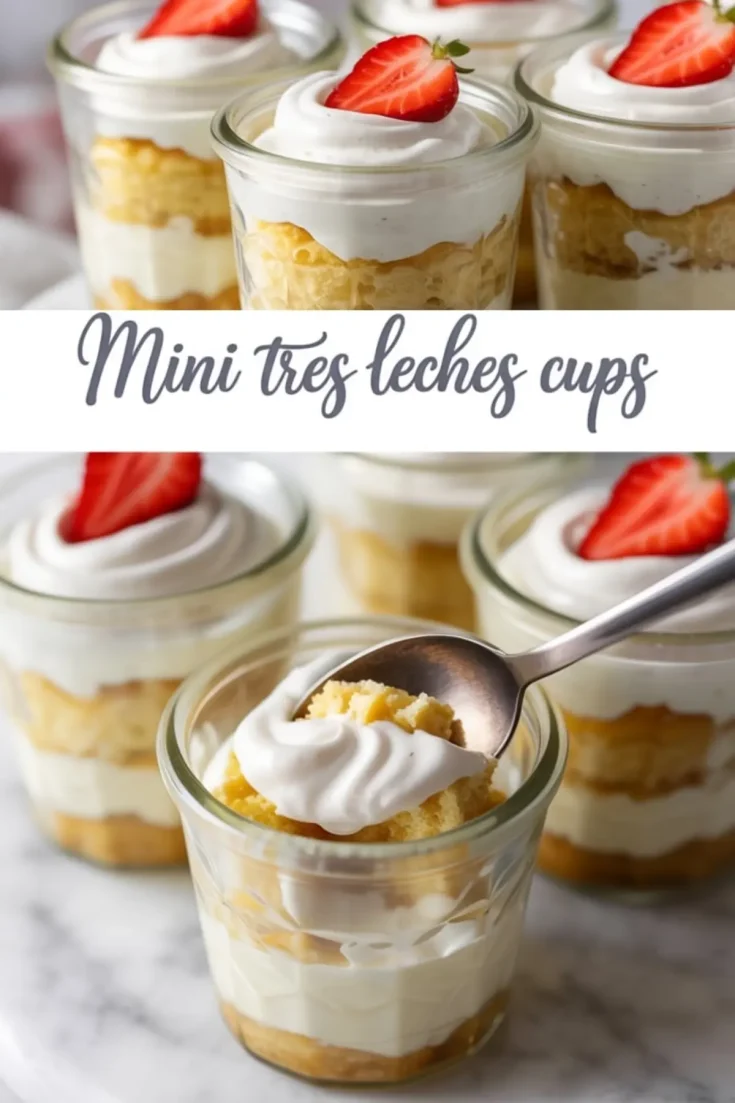 Glass jars filled with mini tres leches cake layered with whipped cream and sponge cake, topped with fresh strawberry halves, displayed on a marble surface in a collage showing a spoonful of the dessert being served.