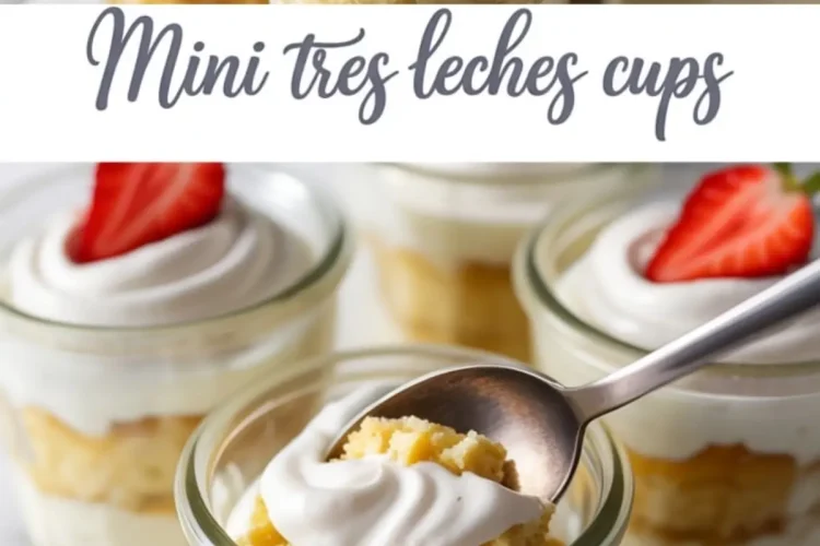 Glass jars filled with mini tres leches cake layered with whipped cream and sponge cake, topped with fresh strawberry halves, displayed on a marble surface in a collage showing a spoonful of the dessert being served.