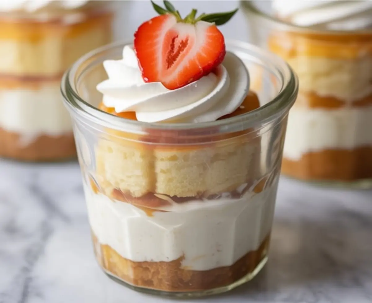 Close-up of a glass jar filled with layered tres leches dessert, featuring moist cake, whipped cream, caramel sauce, and a fresh strawberry half as garnish.
