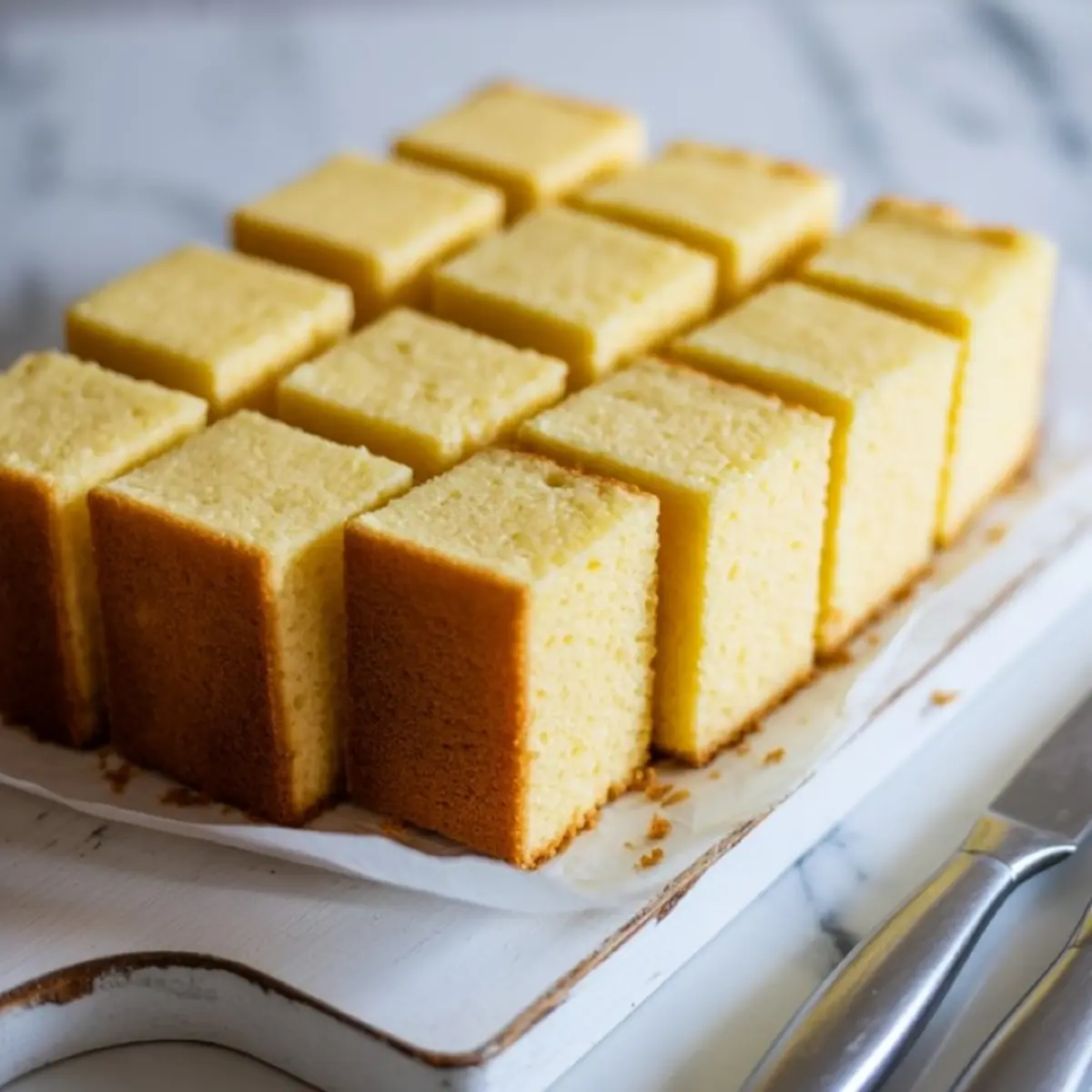 Uniformly cut cubes of golden sponge cake arranged on a white cutting board with parchment paper, ready to be used for assembling mini tres leches desserts.
