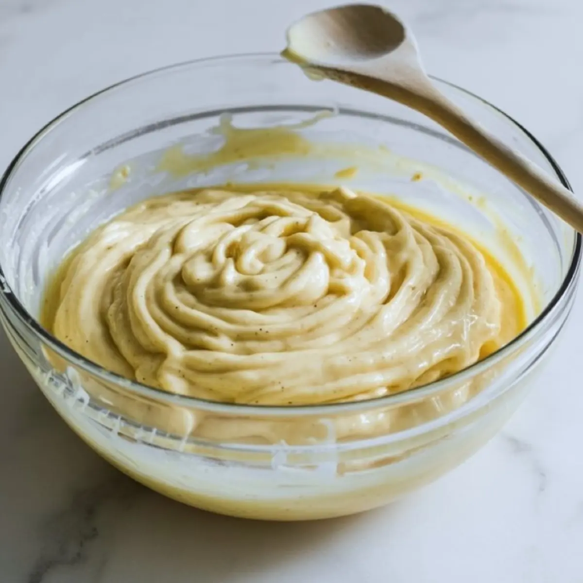 Glass bowl filled with thick vanilla pastry cream with visible specks, set on a marble countertop with a wooden spoon resting on the edge, used for layering tres leches jars.
