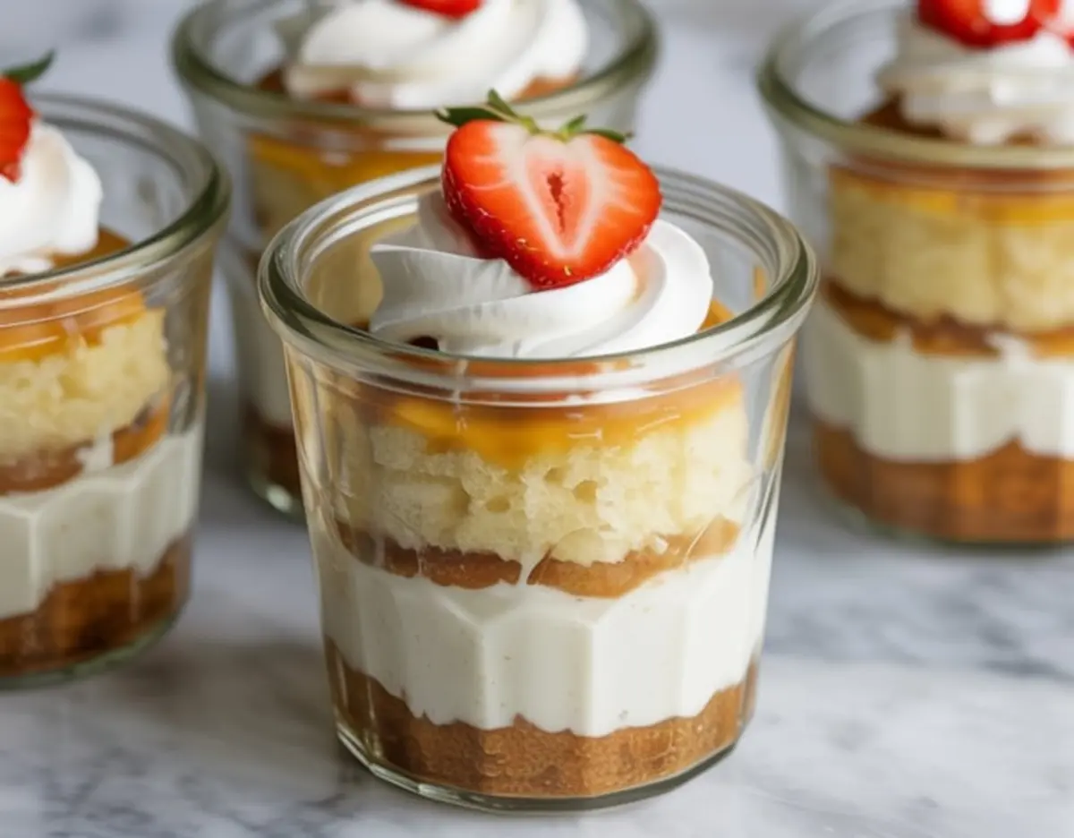 Mini tres leches desserts layered in glass jars with sponge cake, creamy filling, caramel drizzle, and whipped topping, finished with halved strawberries on top.
