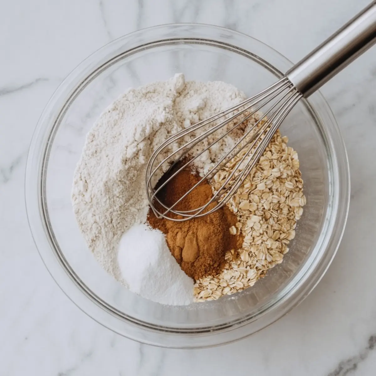 Dry ingredients for oatmeal butterscotch cookies including flour, oats, cinnamon, and baking soda in a glass bowl with a whisk.
